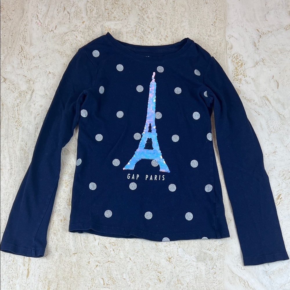 GAP KIDS PARIS Eiffel Tower - navy, silver polka dots, sequin shirt girls medium